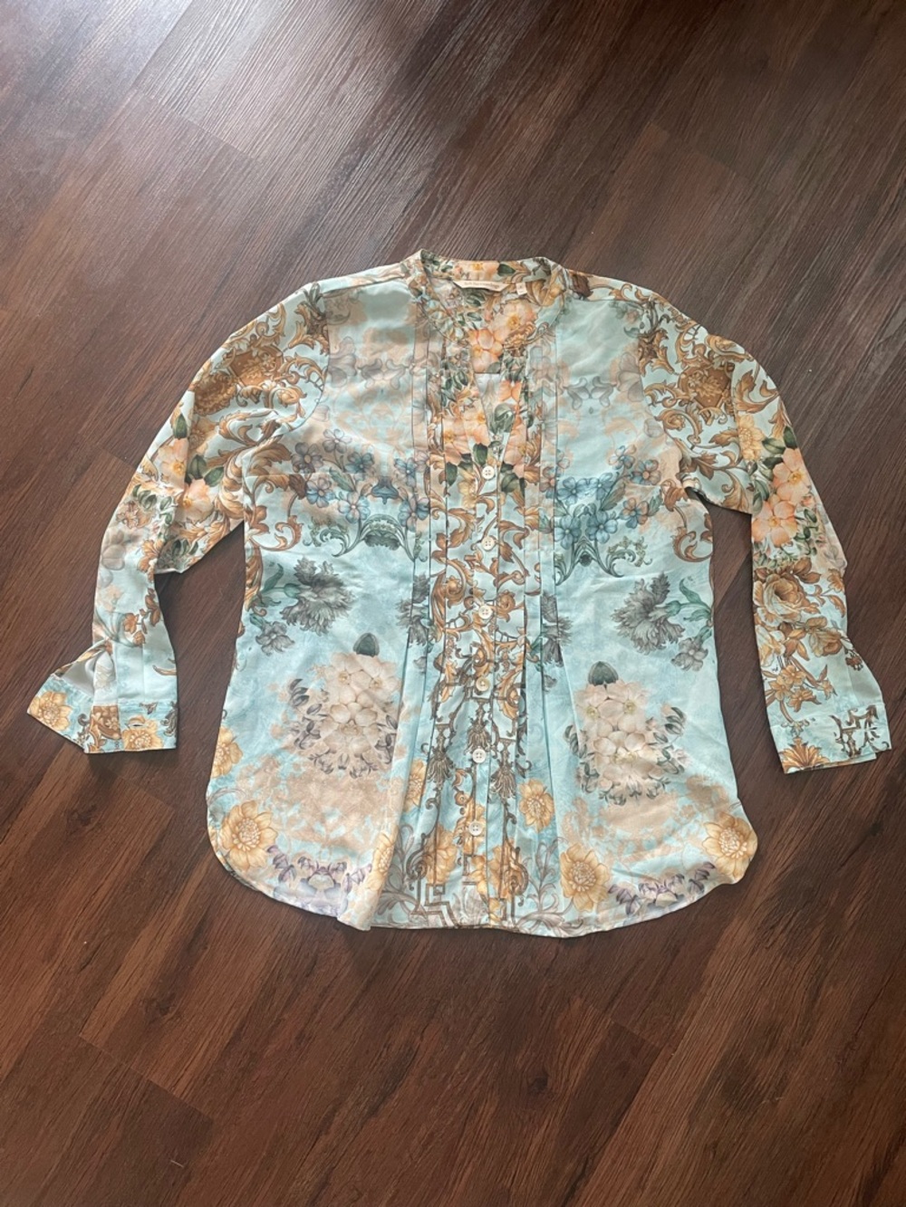 Soft Surroundings Aqua and Gold Floral Paisley Pintuck Tunic